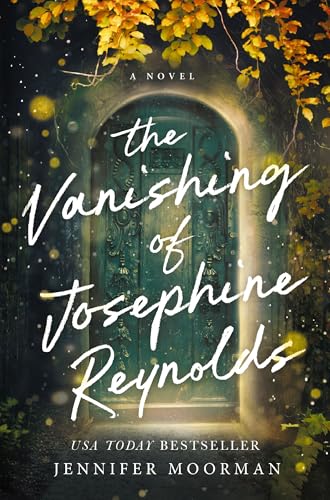 Book cover showing a glowing green door surrounded by autumn leaves and floating lights.
