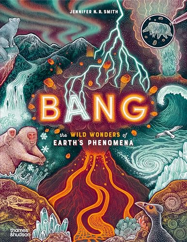 Book cover depicting natural phenomena: volcano, lightning, polar bear, and ocean wave.
