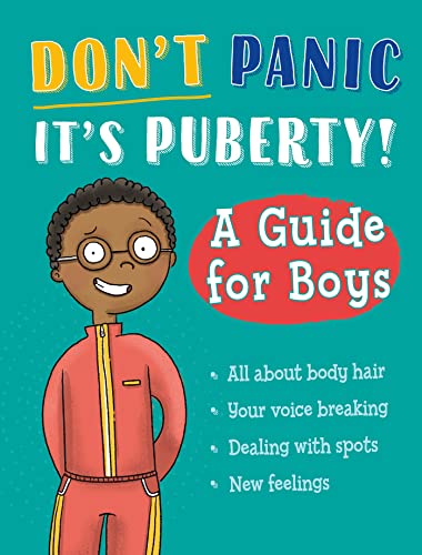Book cover: "Don't Panic, It's Puberty!" with cartoon boy illustration.