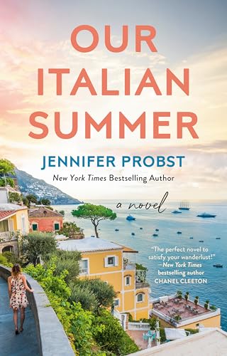 Book cover: “Our Italian Summer” with coastal town and woman’s back.