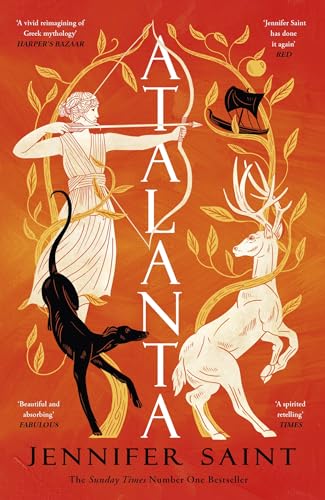 Book cover: woman with bow, deer, and black dog on red background.