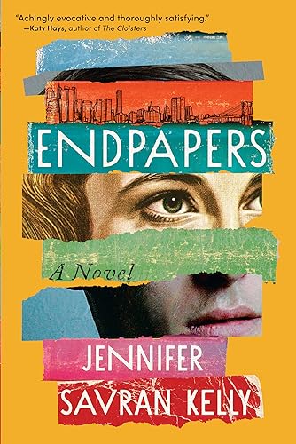 Book cover for “Endpapers” featuring torn paper and a woman’s face.