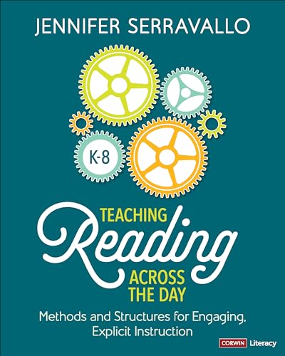 Book cover: "Teaching Reading Across the Day, K-8" with gear illustrations.