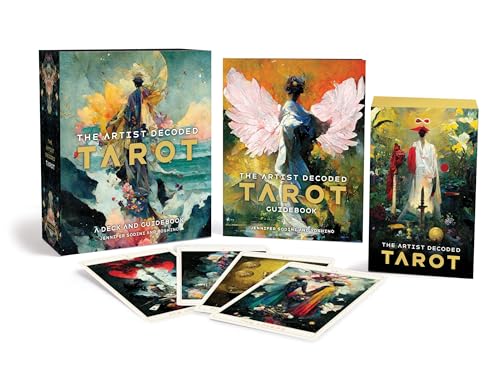 Tarot deck and guidebook with painted figures and card examples displayed.