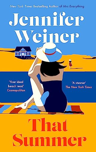 Book cover: woman in a hat looking at a beach house.