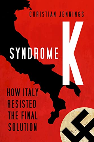 Book cover: red background, Italy silhouette, large white “K”, swastika.
