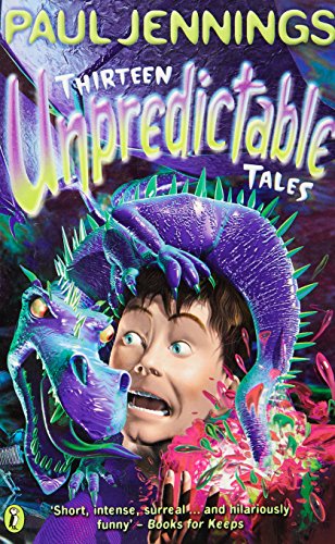 Book cover: “Thirteen Unpredictable Tales” with a dragon and frightened boy.