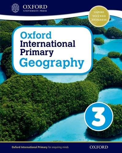 Geography textbook cover with aerial view of green islands and blue water.