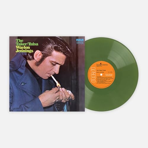 Waylon Jennings' "Taker/Tulsa" vinyl record with green disc and cover.