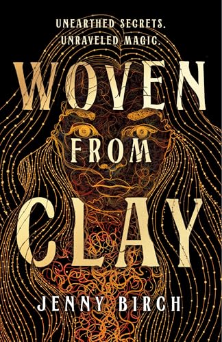 Book cover: face woven from clay with golden, intricate details.