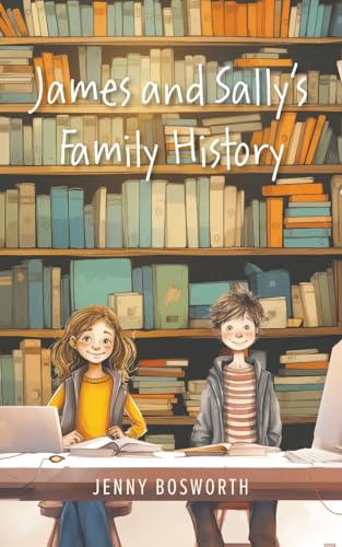 Book cover with two children in front of a bookshelf.