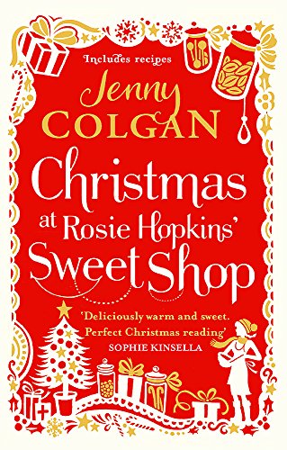 Red book cover with white lettering, Christmas tree, and sweet treats illustration.