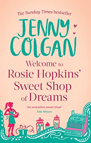 Book cover with pink background, teal illustrations of a woman, sweets, and a register.