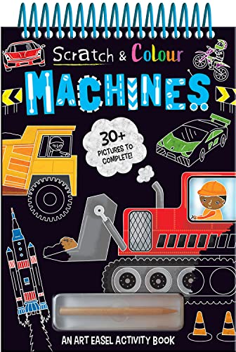 Spiral-bound activity book with colourful illustrations of construction and racing machines.