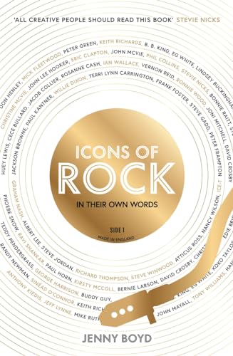 Book cover: "Icons of Rock" with gold text on a vinyl record background.