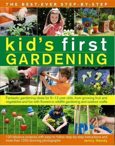 Colorful gardening book with photos and illustrations for kids, featuring plants and outdoor activities.