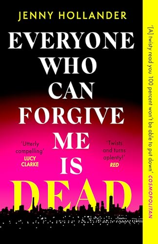Book cover: black background with red and pink text, city skyline below.