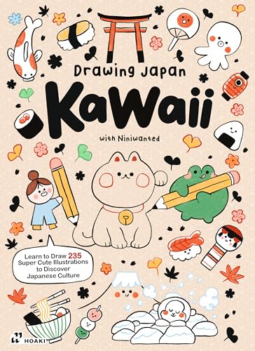 Book cover titled Drawing Japan Kawaii featuring various cute illustrations like sushi, animals, and icons.
