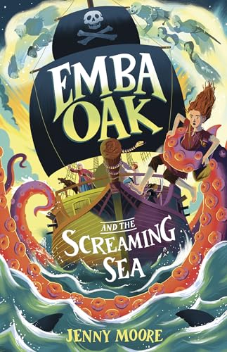 Girl on a pirate ship battling a giant octopus and sharks.
