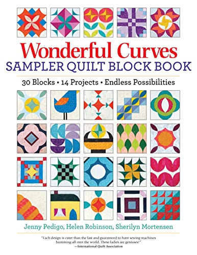 Quilt block pattern book cover with colorful, curved designs.