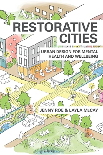 Book cover illustration of a city street with parks, pedestrians, and urban buildings.