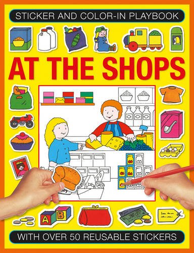 Children’s activity book with stickers and a coloring page of a shop.