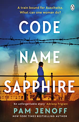 Book cover: woman in blue coat near barbed wire and a town.