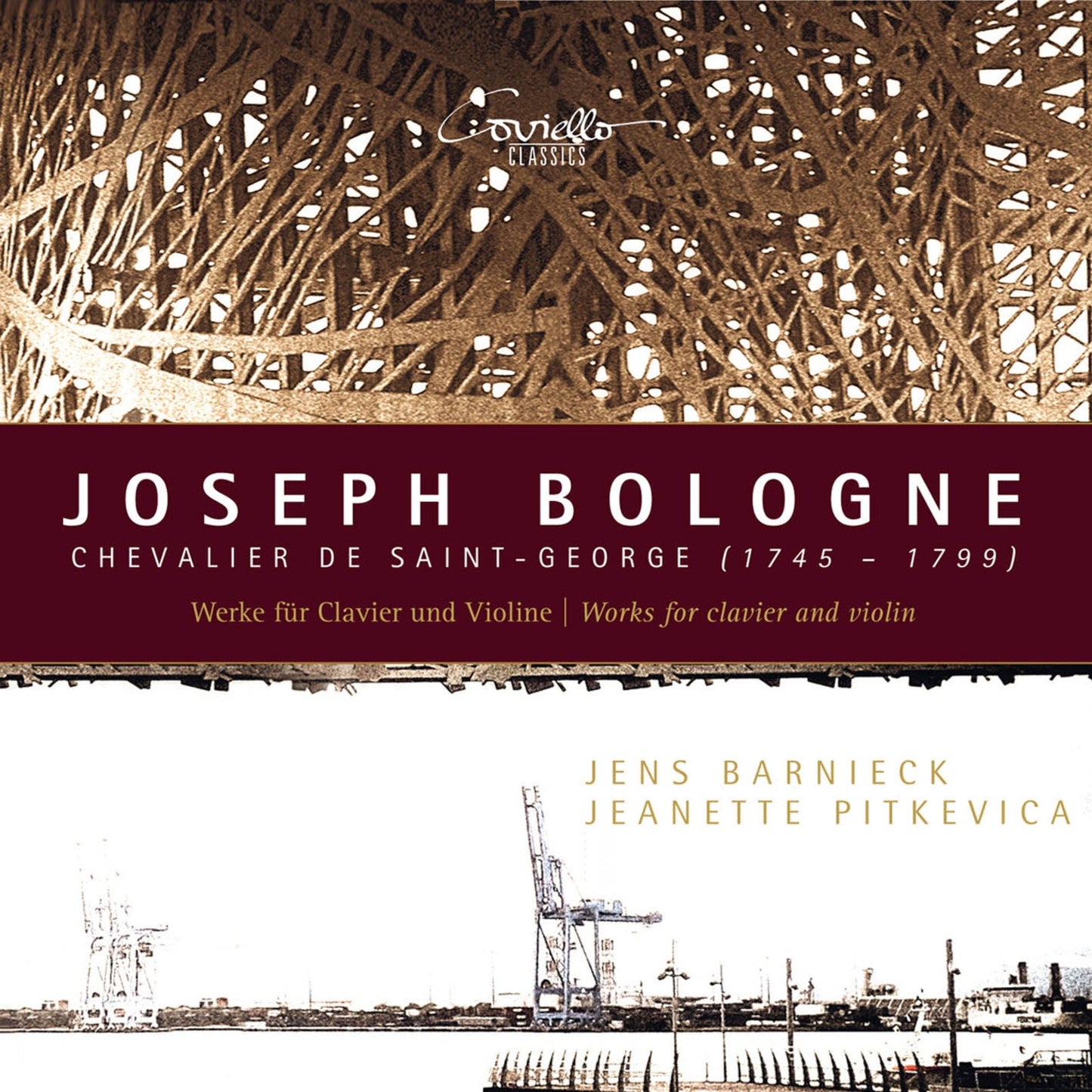 CD cover featuring Joseph Bologne text over a brown abstract pattern and harbor scene.