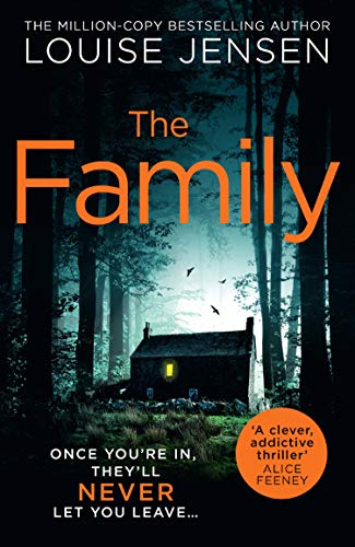 Book cover: dark forest, small lit house, bold orange title "The Family".