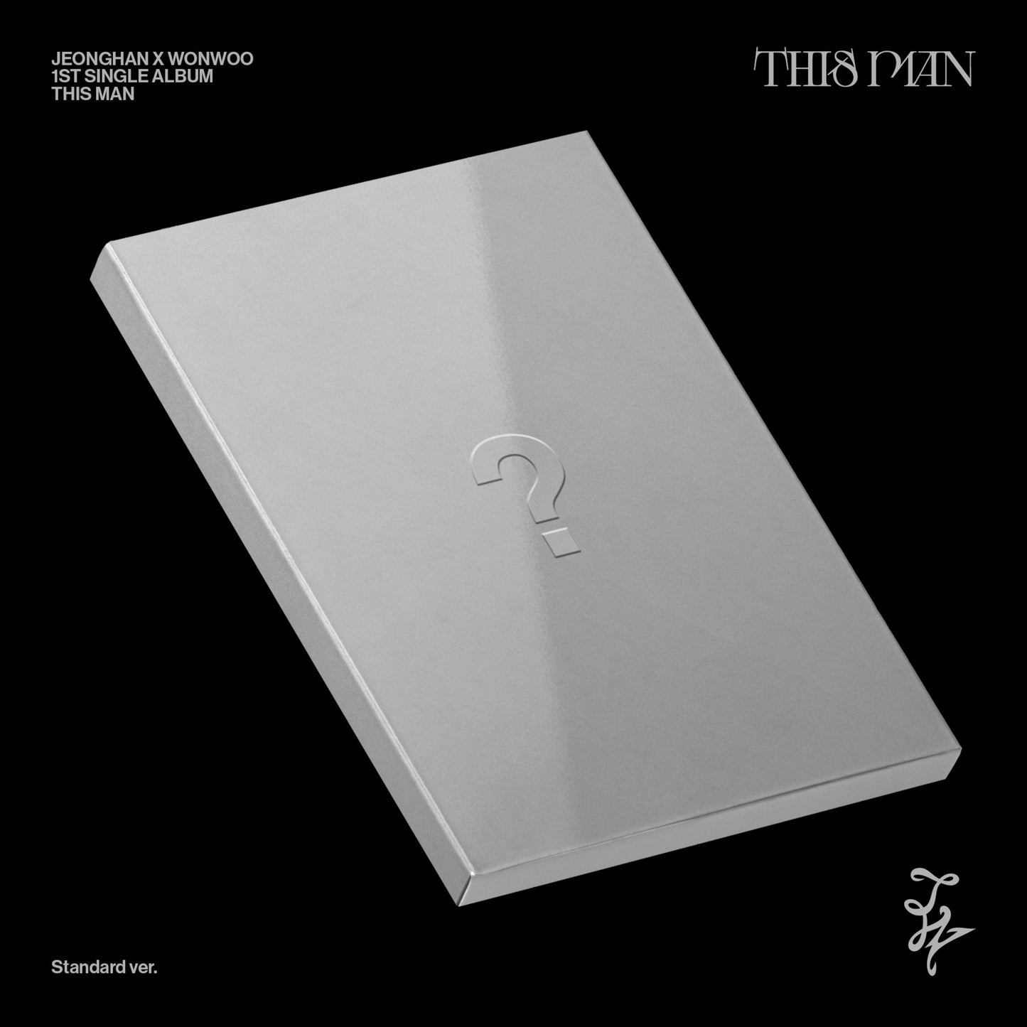 Silver album cover with a question mark design, black background.