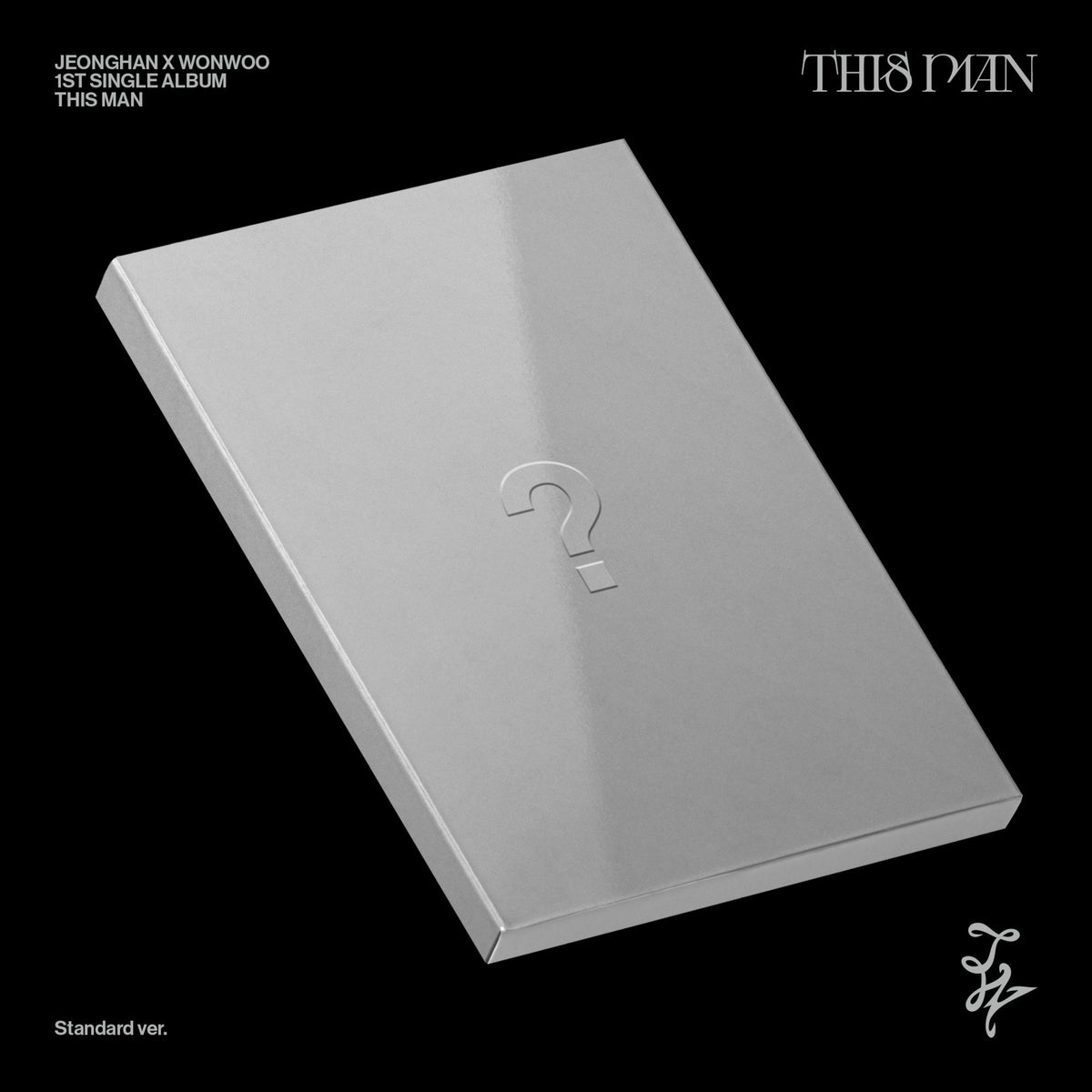 Silver album cover with a question mark design, black background.