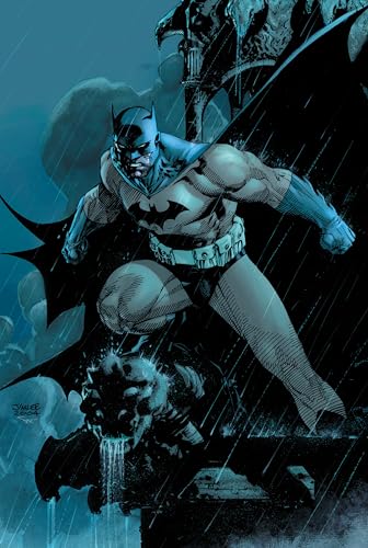 Batman stands on a gargoyle in the rain, looking downwards.