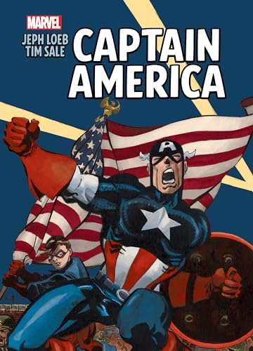 Captain America bursts from an American flag, illustrated in a comic book style.