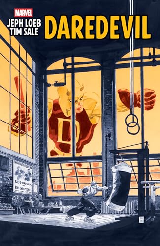 A boxer trains in a gym while a large Daredevil image appears in the window.