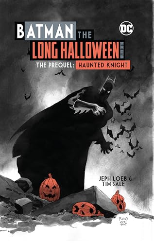 Batman stands silhouetted against a smoky, grey background with pumpkins.