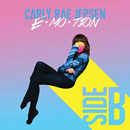 Carly Rae Jepsen album cover, woman in blue, yellow and pink background.