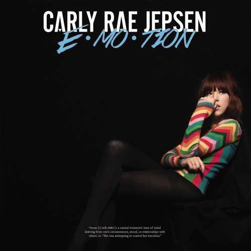 Carly Rae Jepsen’s “Emotion” CD cover: woman in colorful striped sweater.