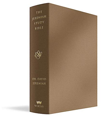 Brown leather-bound study Bible with gold lettering and decorative emblem.