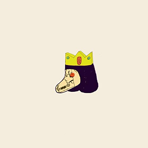 A cartoon skull wearing a yellow crown on a plain off-white background.