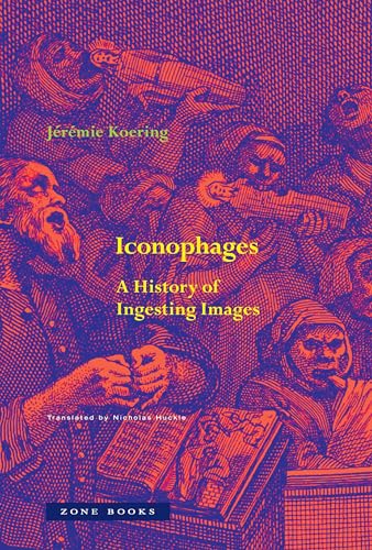 Book cover with orange and purple woodcut-style illustration of people eating books and images.