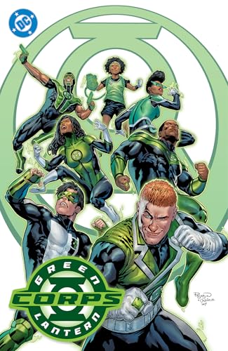 Green Lantern Corps members in green suits pose dynamically against a green backdrop.