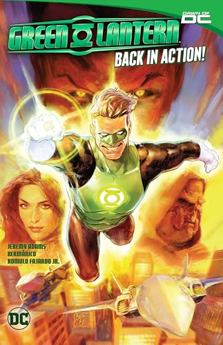 Comic book cover featuring Green Lantern flying above a city with other characters.