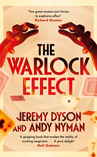 Book cover titled The Warlock Effect with hands and playing cards on beige background.