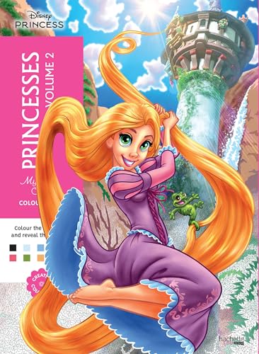 Rapunzel with long blonde hair and Pascal the chameleon on a colouring book cover.