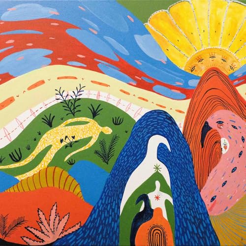 CD cover art: abstract landscape with animals and colorful shapes.