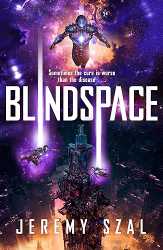 Book cover for "Blindspace" featuring a futuristic city and figures in space.
