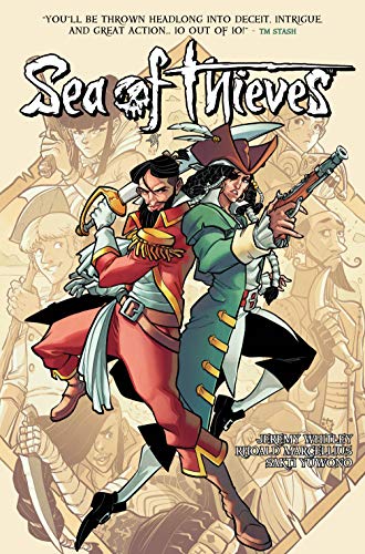 Sea of Thieves" book cover featuring illustrated pirates with swords and pistols.