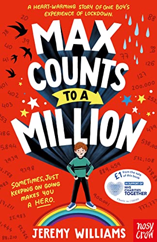 Book cover: boy counting, rainbow, numbers, and red background.