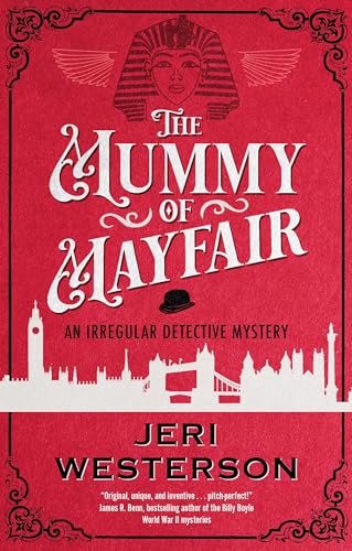 Book cover: red background, Egyptian headpiece, London skyline, title "The Mummy of Mayfair".