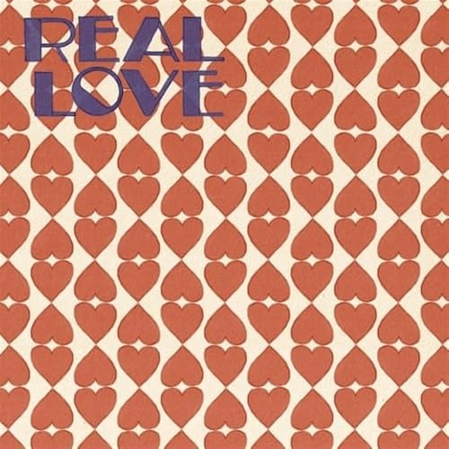 Album cover with repeating red hearts and blue “REAL LOVE” text.